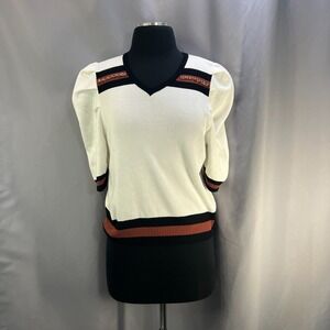 Select + Trend Knit Top Womens Small Black White Striped Gold Chain Puff Sleeve